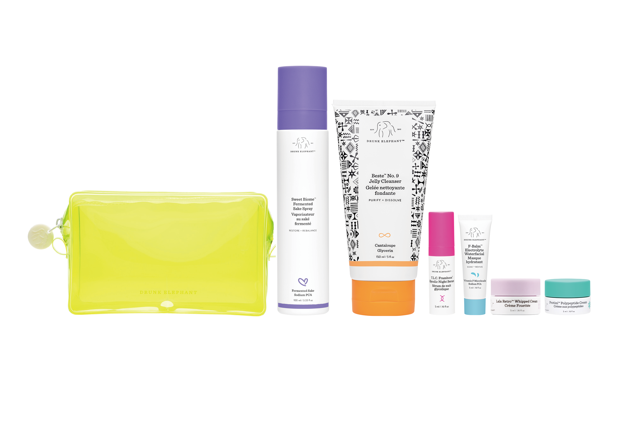 DRUNK ELEPHANT 非果昔般簡單組合 $580 (原價$930) (6月1日SOGO銅鑼灣店限定) .Beste TM No. 9 潔面啫喱 150ml .Sweet Biome TM 清酒賦養噴霧 100ml .Protini TM 多肽面霜 5ml .T.L.C. Framboos TM 夜間煥顏精華 5ml .Lala Retro TM 急救面霜 5ml .F Balm TM 電解質水凝面膜 5ml .螢光隨身小袋