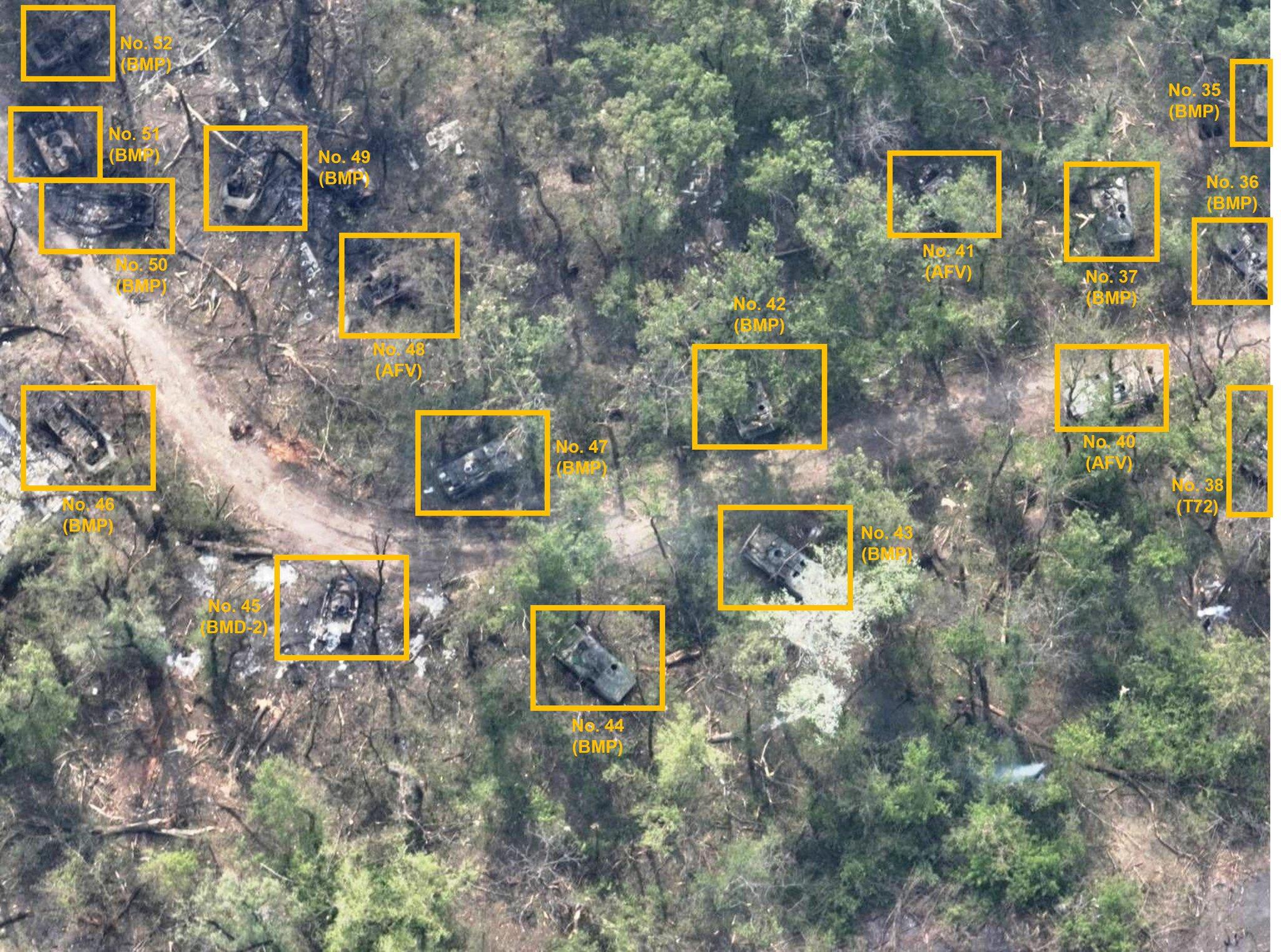 網民更利用網上圖片逐一細數,將圖中已損毀的軍車圈出統計。(Twitter)