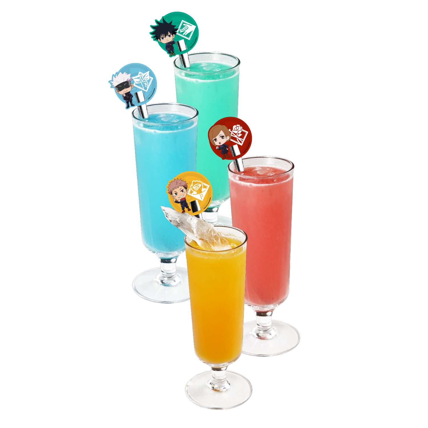 咒術迴戰特飲(4款)$39/款 .粉紅色的草莓乳酸梳打代表釘崎野薔薇。 .黃色香芒乳酸梳打代表主角虎杖悠仁,裡面還有兩面宿儺手指造型的冰塊,象徵虎杖與宿儺的共融合一的身體。 .綠色的翡翠菠蘿梳打代表伏黑惠,冷色配搭加上微甜菠蘿味,正如冷靜卻善良的伏黑。 .天藍色的海洋荔枝梳打代表五條悟,飲品與他的瞳色相同,甜甜的荔枝味如五條老師清新活潑的風格。