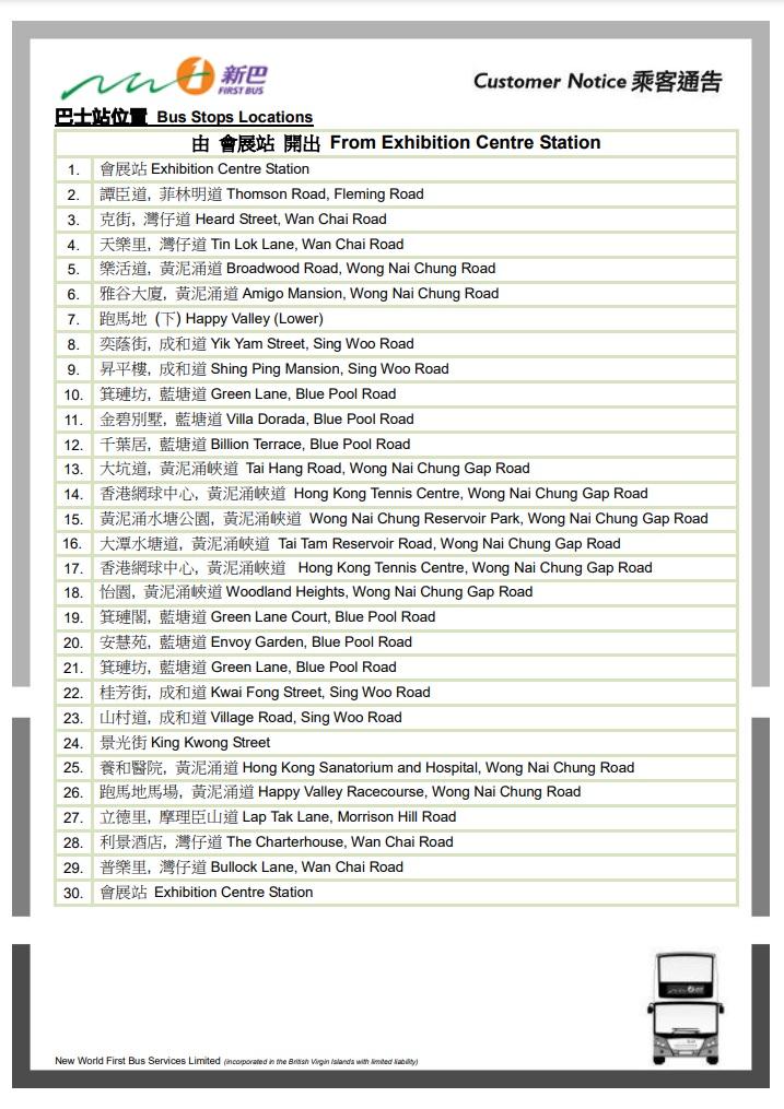 新巴新路線1M詳細車站位置。(通告截圖)