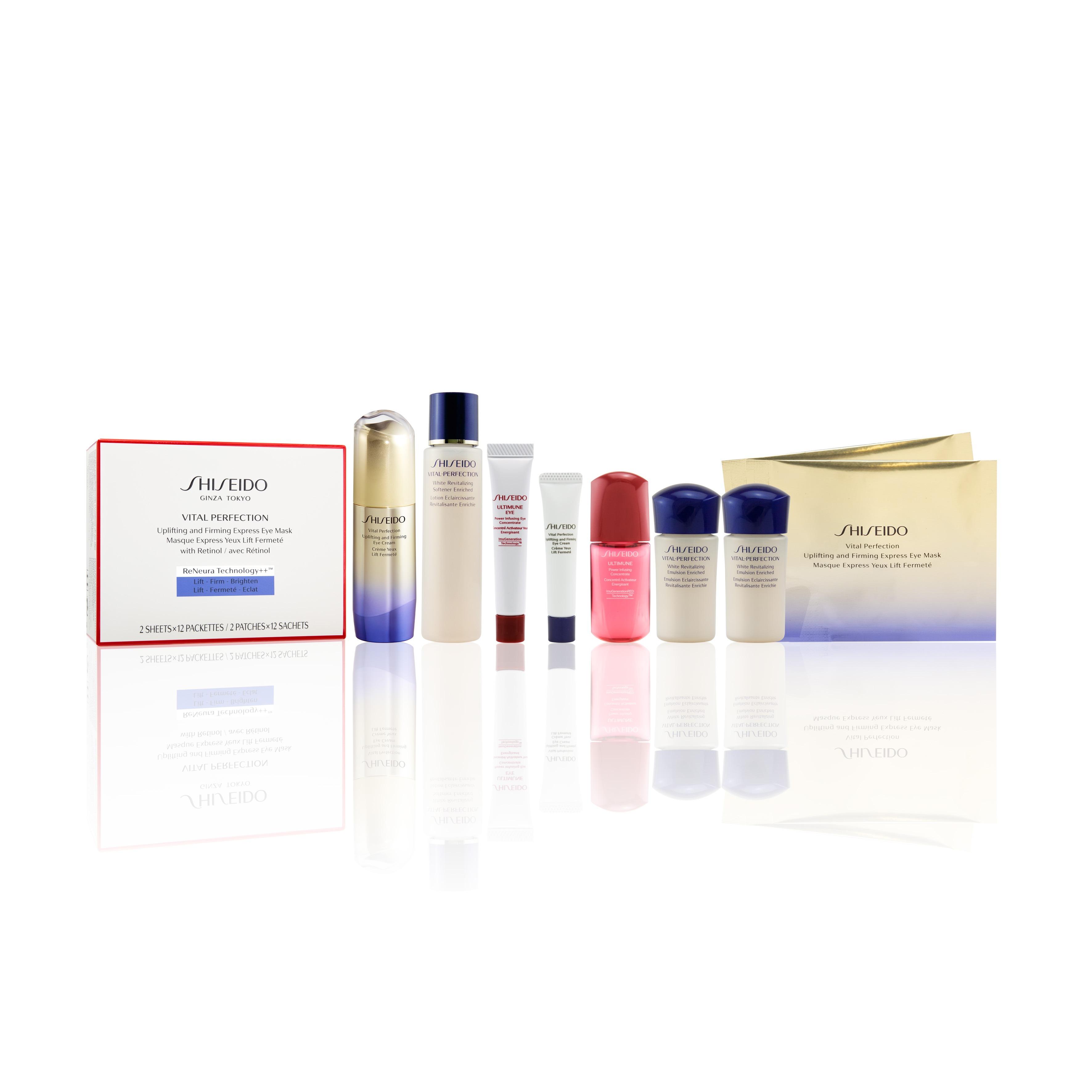 SHISEIDO VITAL PERFECTION賦活塑顏眼部修護組合 $1,190 (價值$2,440) (銅鑼灣店) .VITAL PERFECTION賦活塑顏提拉眼霜15ml及5ml .VITAL PERFECTION賦活瞬效提拉眼膜1盒(12對)及2對 .VITAL PERFECTION全效美白抗紋滋潤健膚水75ml .VITAL PERFECTION全效美白抗紋滋潤乳液15ml x 2件 .ULTIMUNE新升級紅妍肌活免疫再生精華10ml .ULTIMUNE紅妍肌活眼部精華5ml