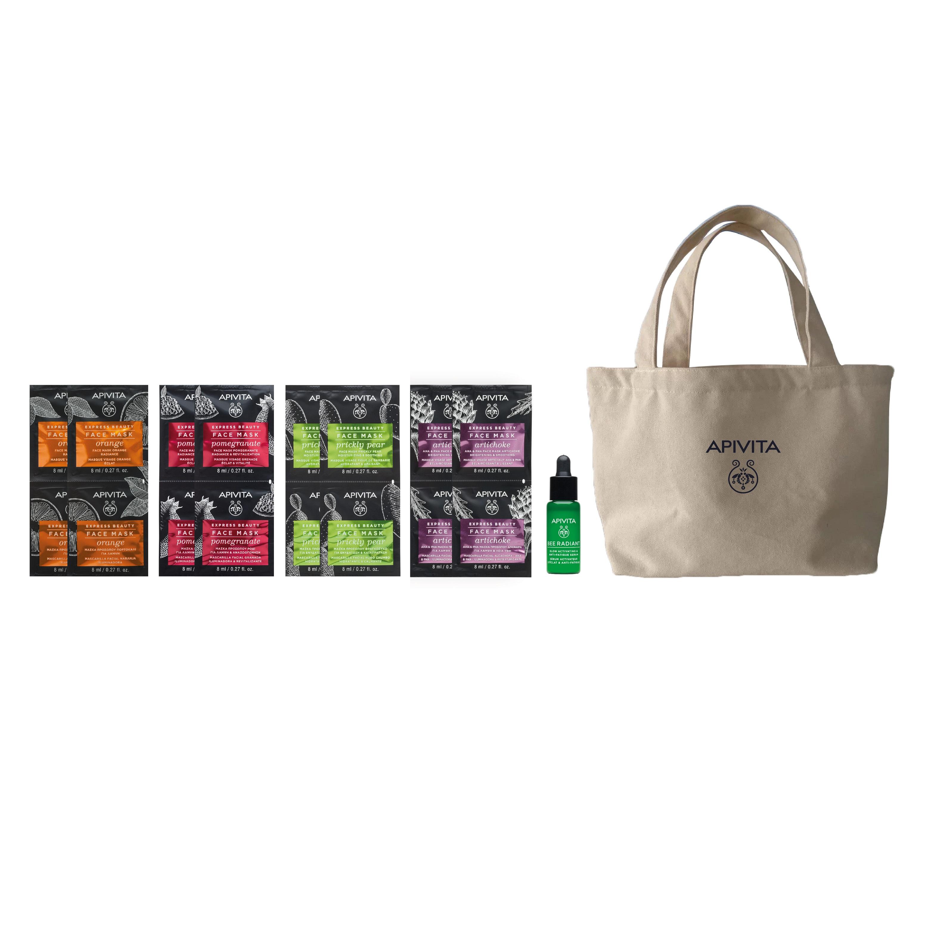 APIVITA 完美肌亮白煥膚面膜套裝 $298 (價值$898) (銅鑼灣店6月5日限定) .香橙亮白速效面膜8mlx4 包 .紅石榴亮白活膚面膜8mlx4 包 .雅枝竹亮肌煥膚面膜8mlx4 包 .仙人掌鎖水滋潤面膜8mlx4 包 .精美環保手挽袋 .亮肌嫩膚激活精華10ml