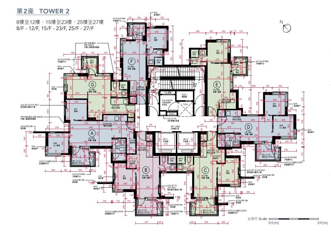 映岸第2座8至12樓、15至23樓、25至27樓平面圖。