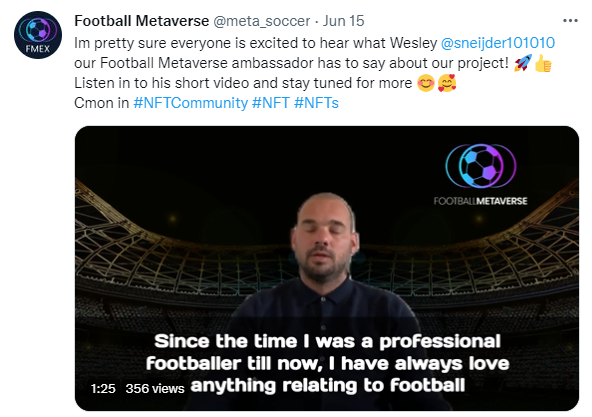 該Twitter戶口有前荷蘭國腳史尼達為其宣傳NFT。(Twitter截圖)