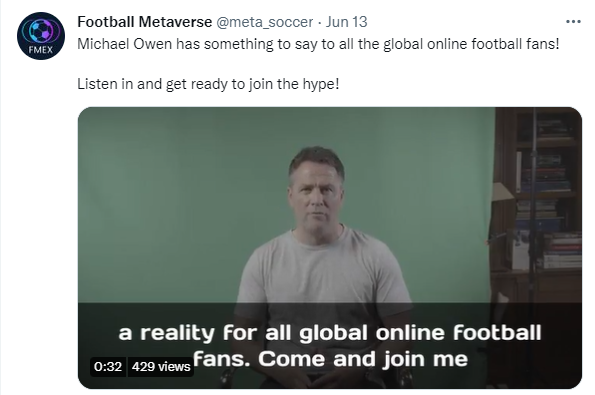 該Twitter戶口有前英格蘭球星奧雲為其宣傳NFT。(Twitter截圖)