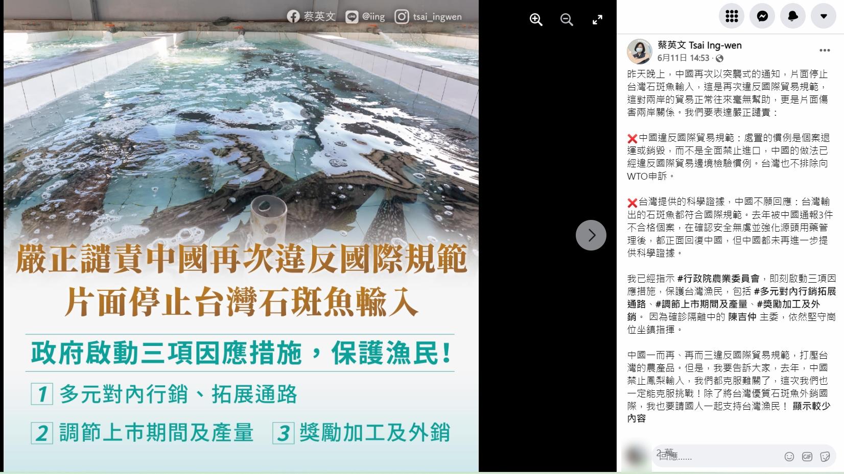 蔡英文指陸方暫停輸入台灣石斑的做法有違國際規範。(蔡英文FB)