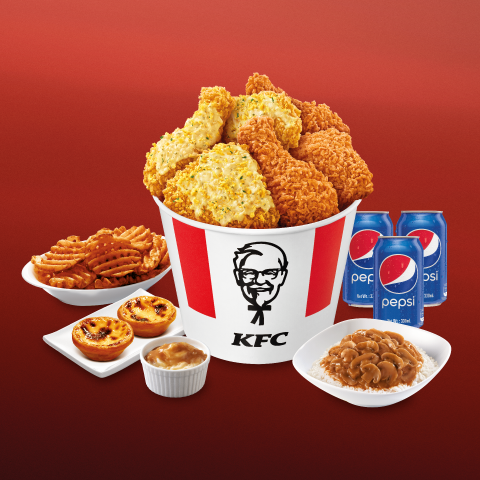 【好味速遞限定】蒜蓉包爆脆雞派對分享餐售價:港幣$238 3件蒜蓉包爆脆雞 + 3件家鄉雞+ 辣汁蘑菇香飯(大) + 格格脆薯塊(大) + 2件經典葡撻 + 馬鈴薯蓉 + 3罐百事可樂 (330毫升)