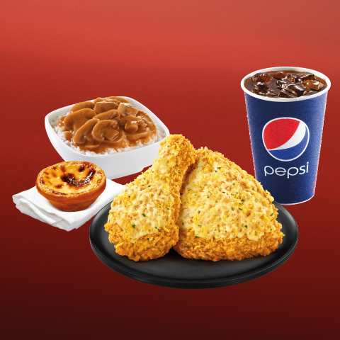 O3蒜蓉包爆脆雞滿足套餐售價:港幣$49起 2件蒜蓉包爆脆雞 + 辣汁蘑菇香飯(普通) + 經典葡撻 + 汽水(中)