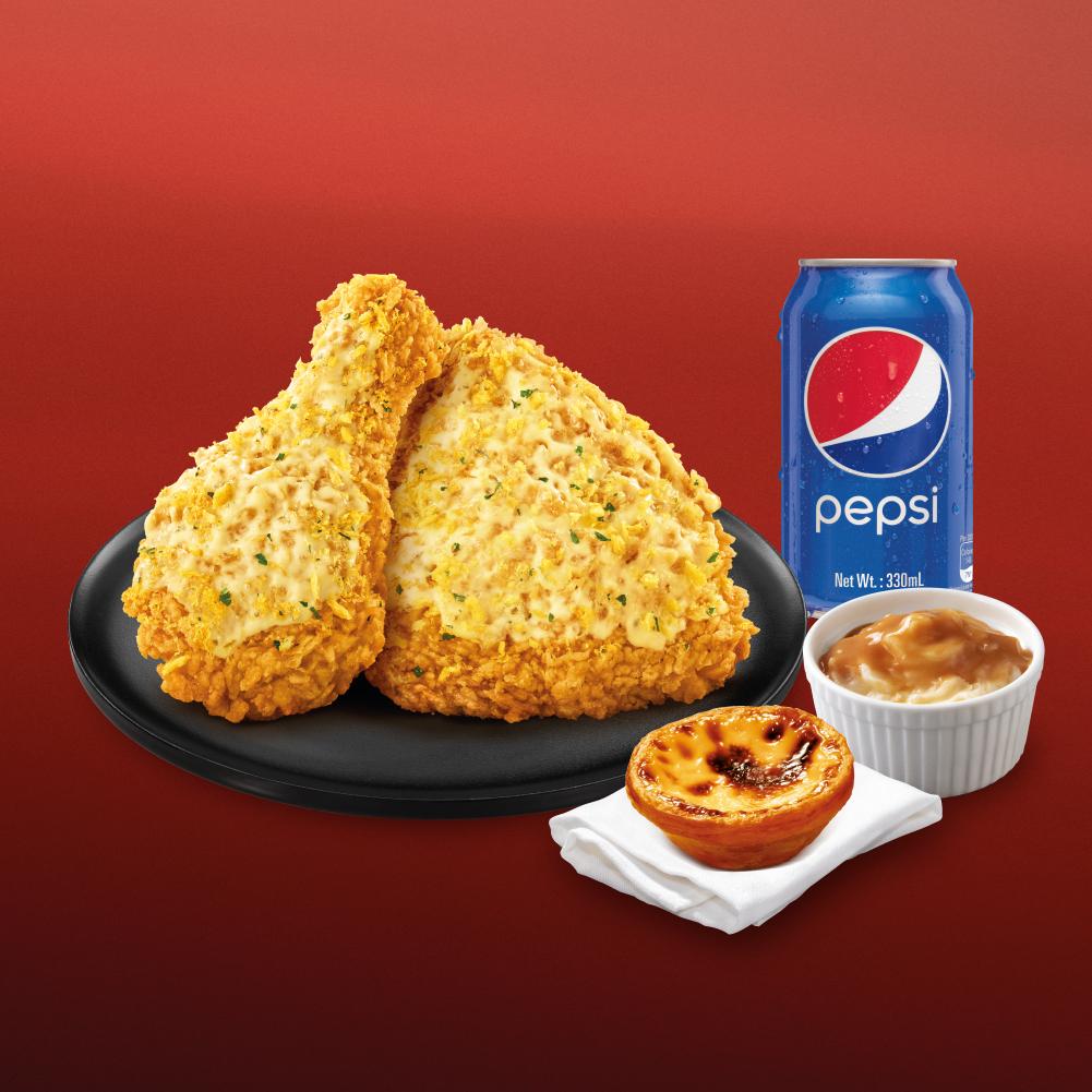【好味速遞限定】蒜蓉包爆脆雞1人餐售價:港幣$60 2件蒜蓉包爆脆雞 + 經典葡撻 + 馬鈴薯蓉 + 百事可樂 (330毫升)