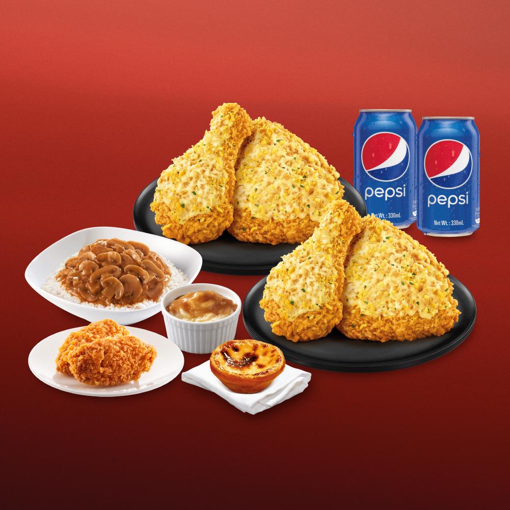【好味速遞限定】蒜蓉包爆脆雞2人餐售價:港幣$150 4件蒜蓉包爆脆雞 + 辣汁蘑菇香飯(大) + 經典葡撻 + 馬鈴薯蓉 + 2件巴辣香雞翼 + 2罐百事可樂 (330毫升)