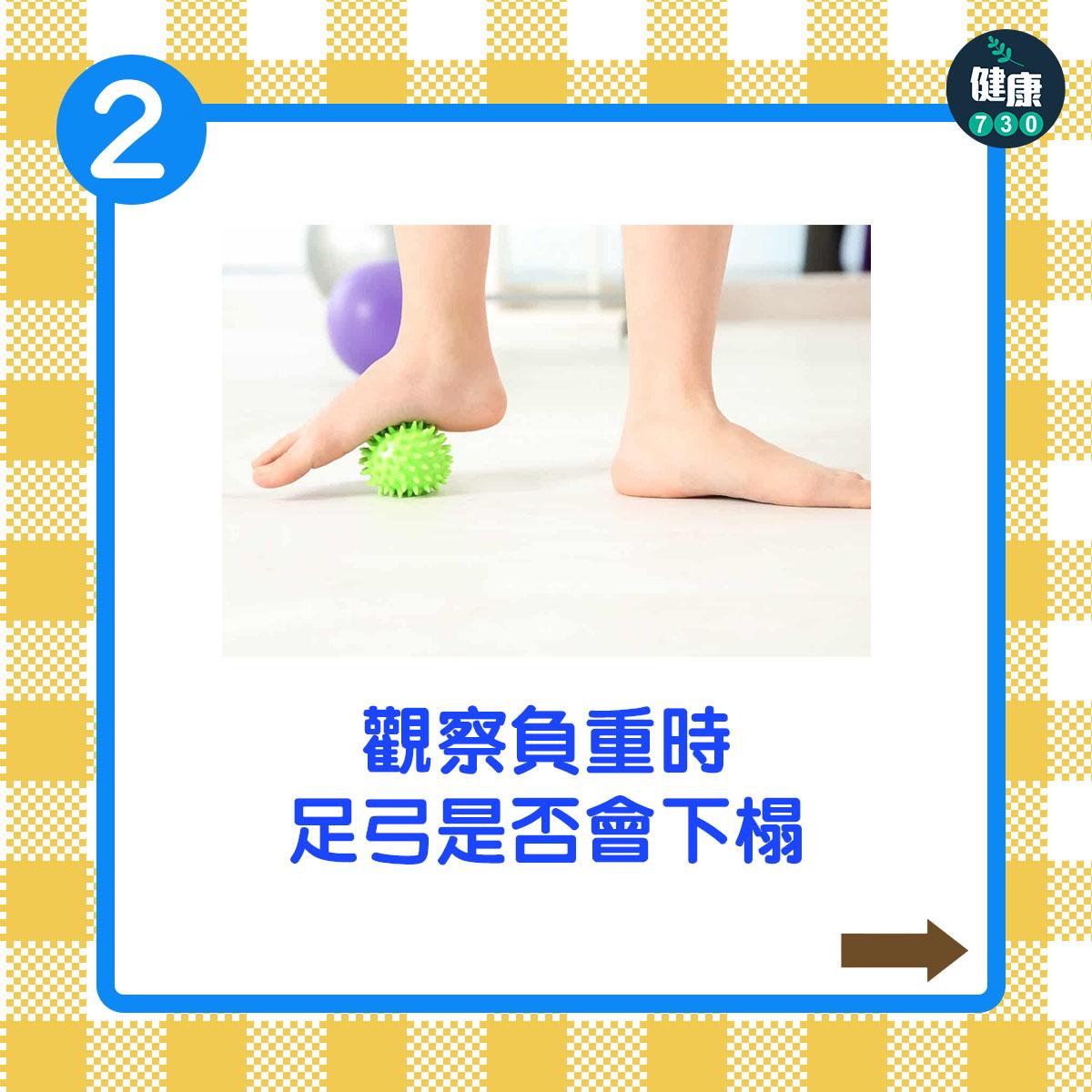 觀察負重時,足弓是否會下榻