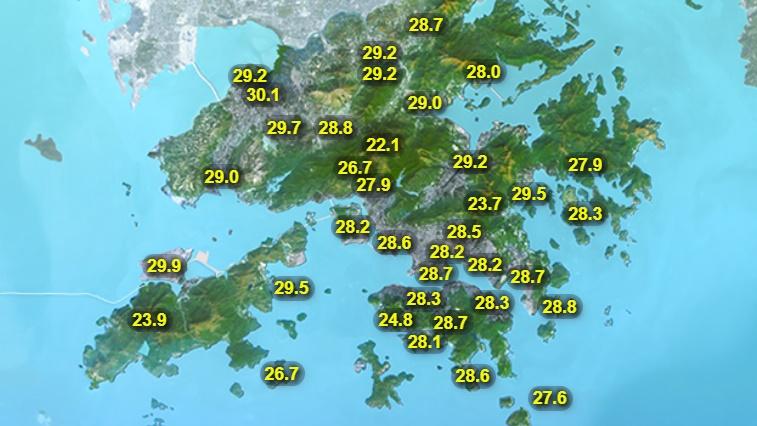 本港地區今日天氣預測短暫時間有陽光,有一兩陣驟雨,市區最高氣溫約31度,新界再高一兩度。(香港天文台)