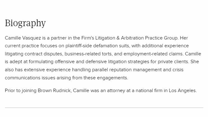 Brown Rudnick網站介紹Camille Vasquez。(網上截圖)