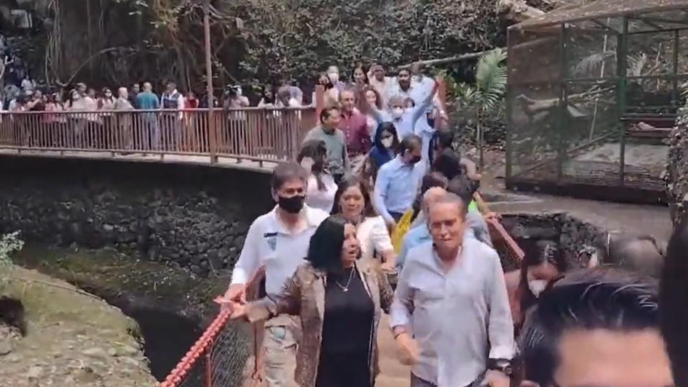 影片中可見一名男子在橋上跳了幾下,接著吊橋竟應聲斷裂。(Twitter)