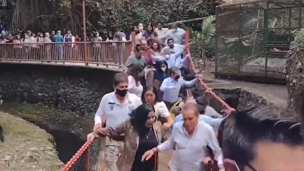 影片中可見一名男子在橋上跳了幾下,接著吊橋竟應聲斷裂。(Twitter)