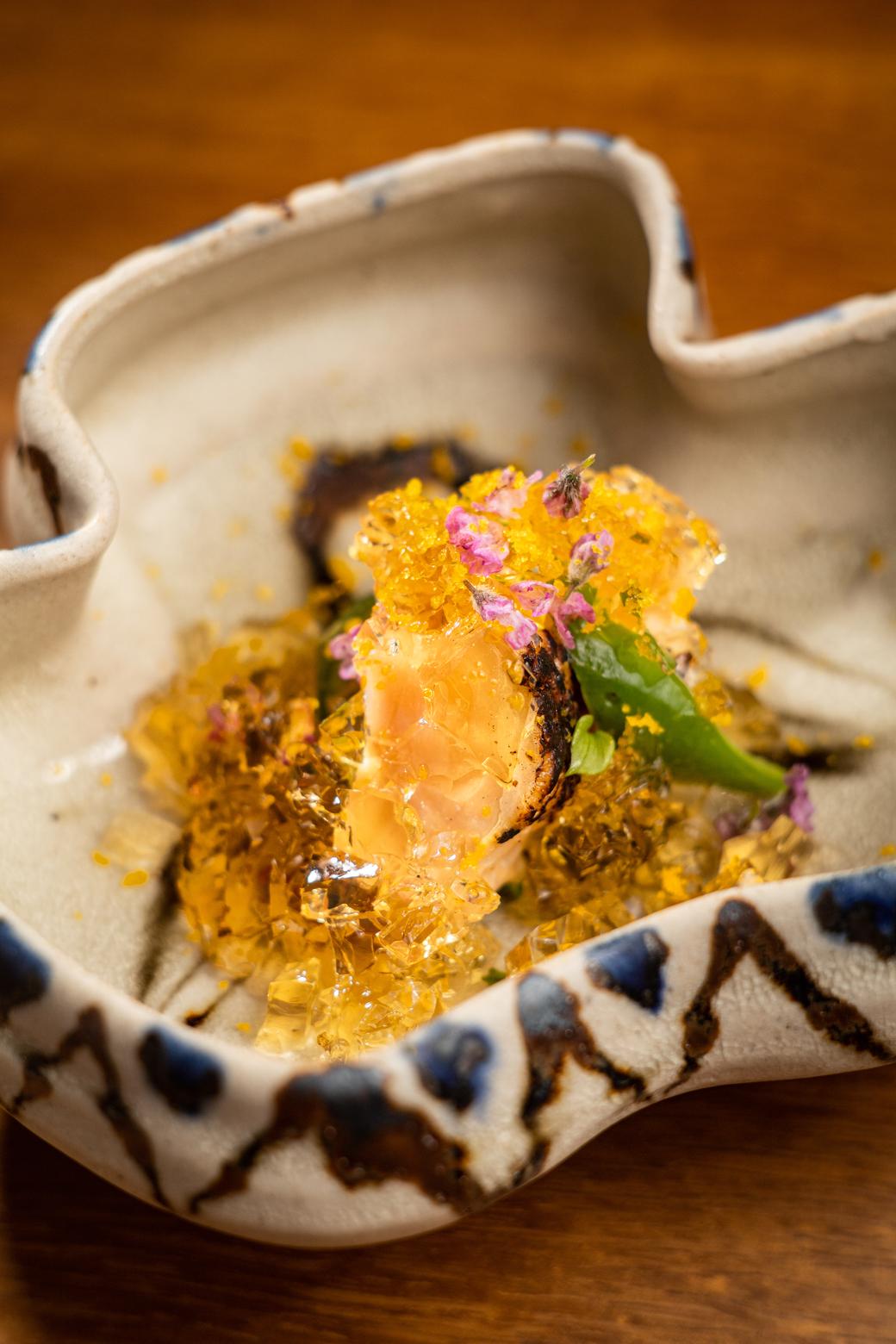 Charcoal seared breast meat Tataki with sprinkle Karasumi (Dried mullet roe) and Tosa vinegar
