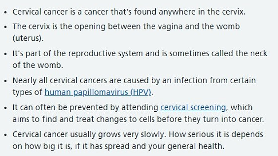 新版本改成「子宮頸癌是在子宮頸發現的癌症」(a cancer that's found anywhere in the cervix)。(互聯網)
