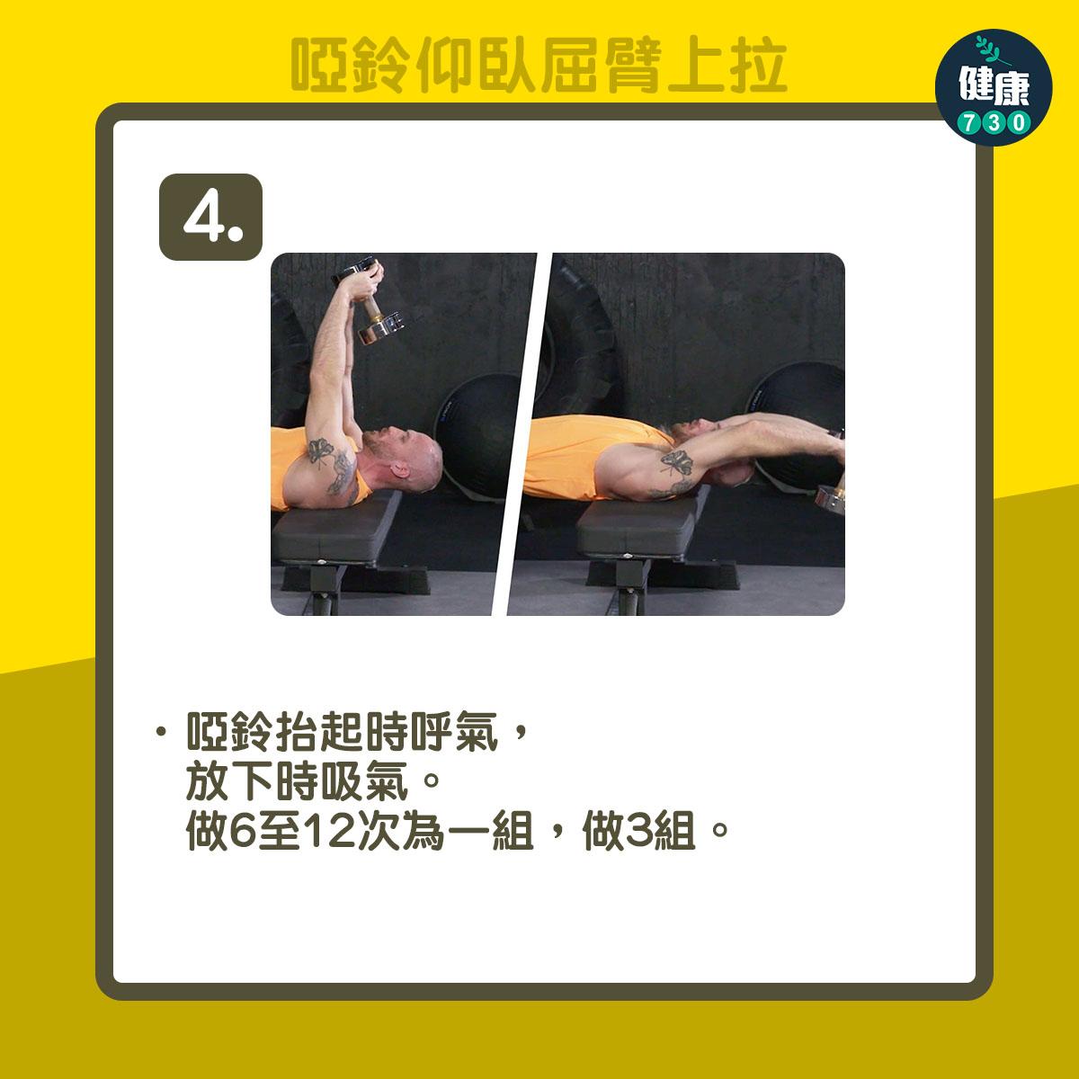 健身操胸肌|啞鈴仰臥屈臂上拉(am730製圖)