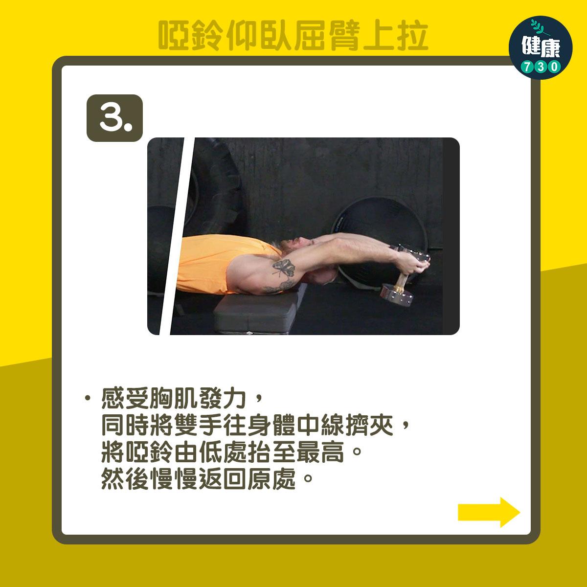 健身操胸肌|啞鈴仰臥屈臂上拉(am730製圖)