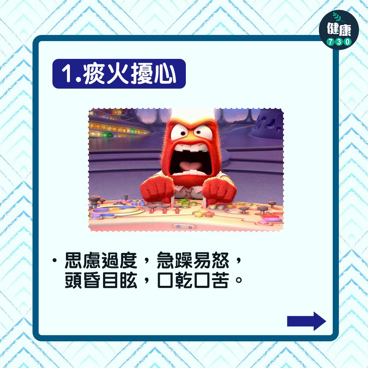 痰火擾心:思慮過度,急躁易怒,頭昏目眩,口乾口苦。