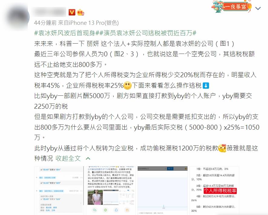 有網民質疑袁冰妍利用空殼公司逃稅,問題比所謂「漏稅」更嚴重。(互聯網)