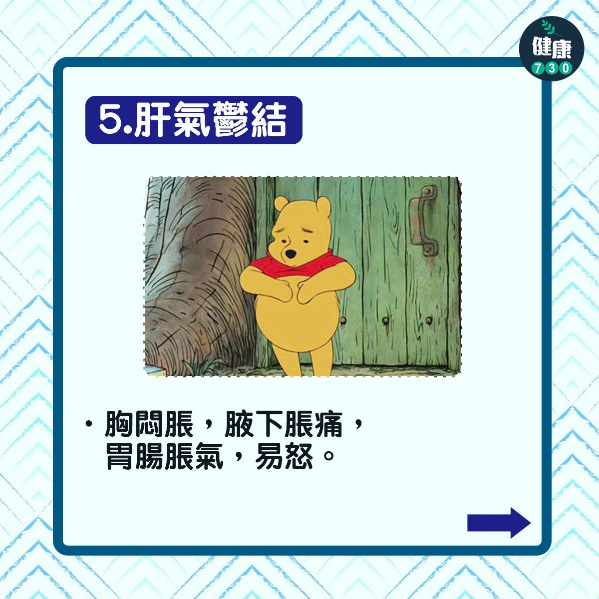 肝氣鬱結:胸悶脹,腋下脹痛,胃腸脹氣,易怒。