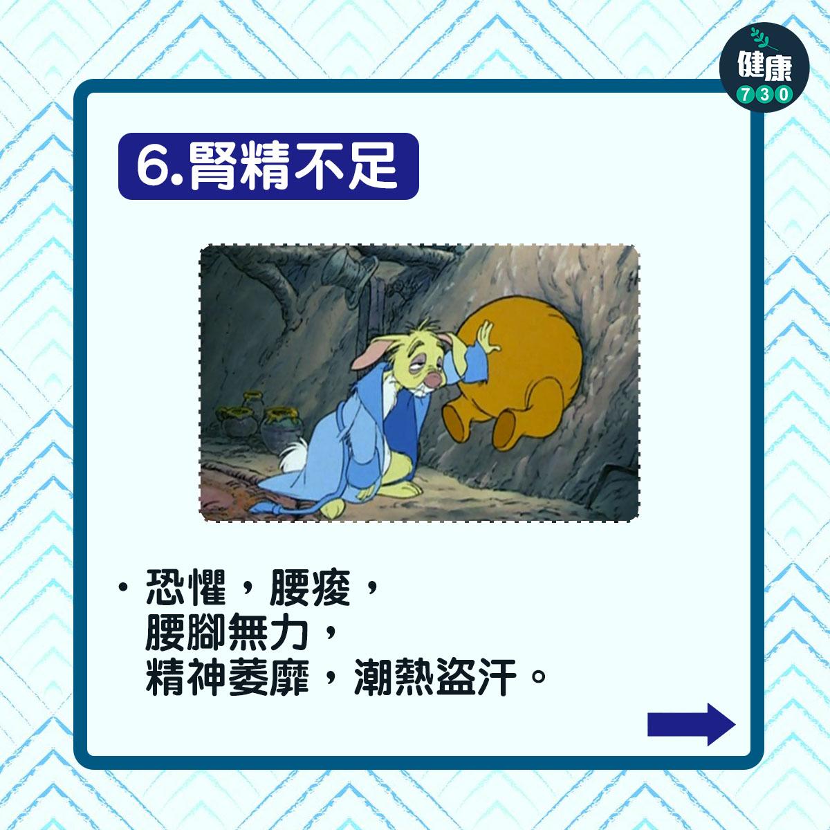 腎精不足:恐懼,腰痠,腰腳無力,精神萎靡,潮熱盜汗。