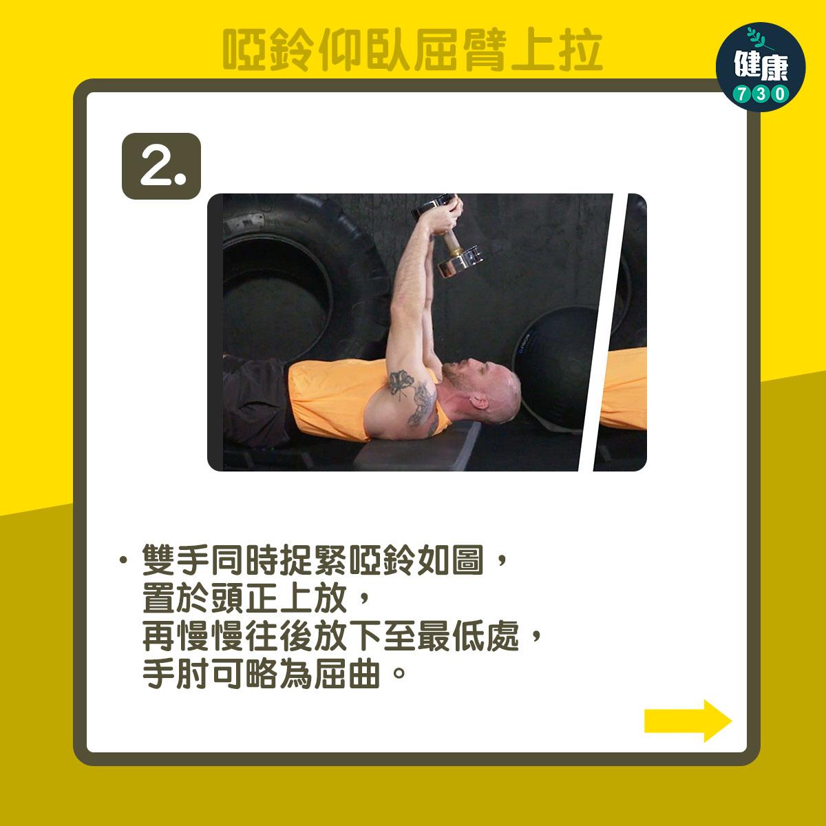 健身操胸肌|啞鈴仰臥屈臂上拉(am730製圖)