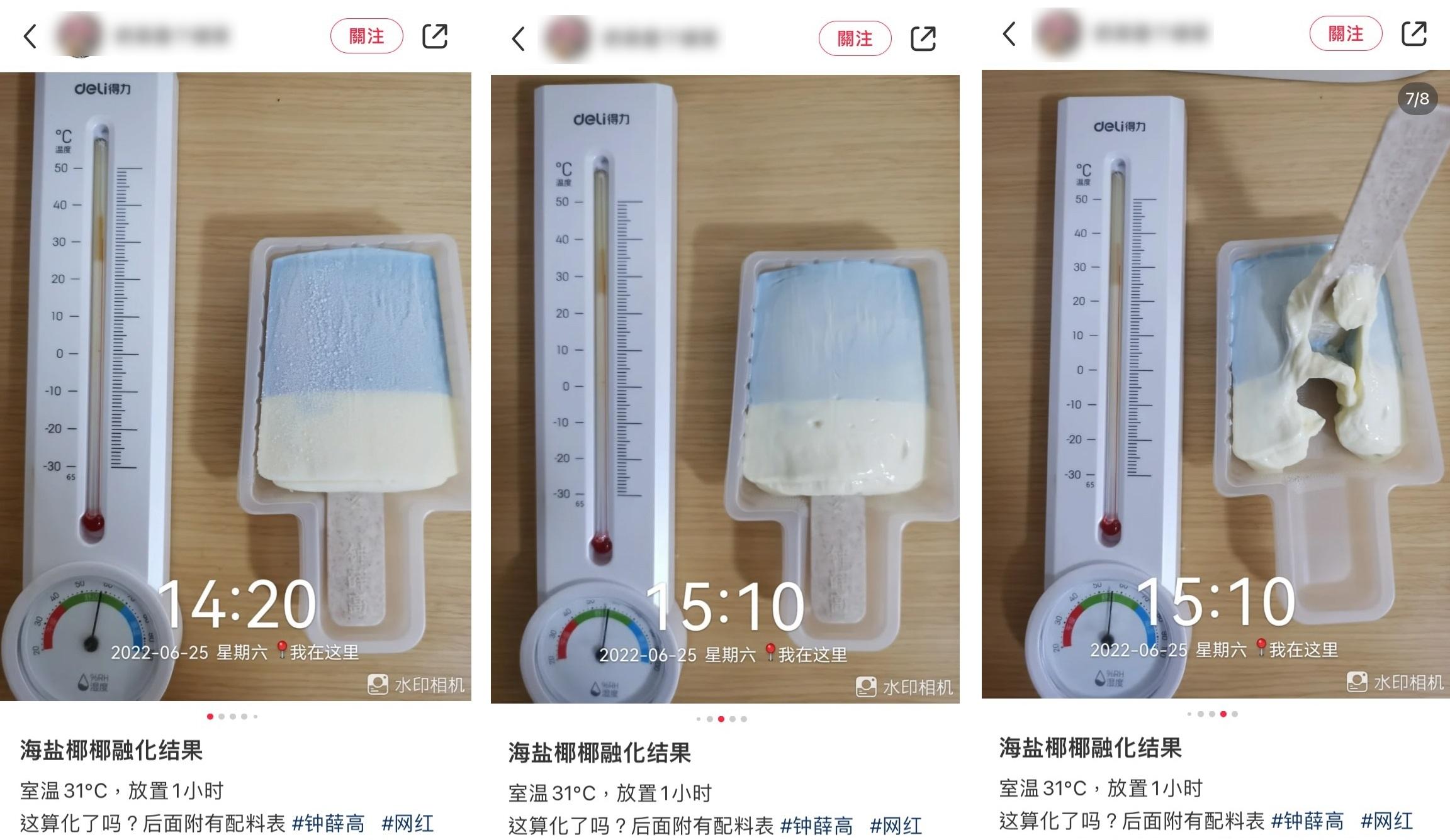 內地網民發現鍾薛高一款雪糕在室溫31度放置近一小時都不融化。(互聯網)
