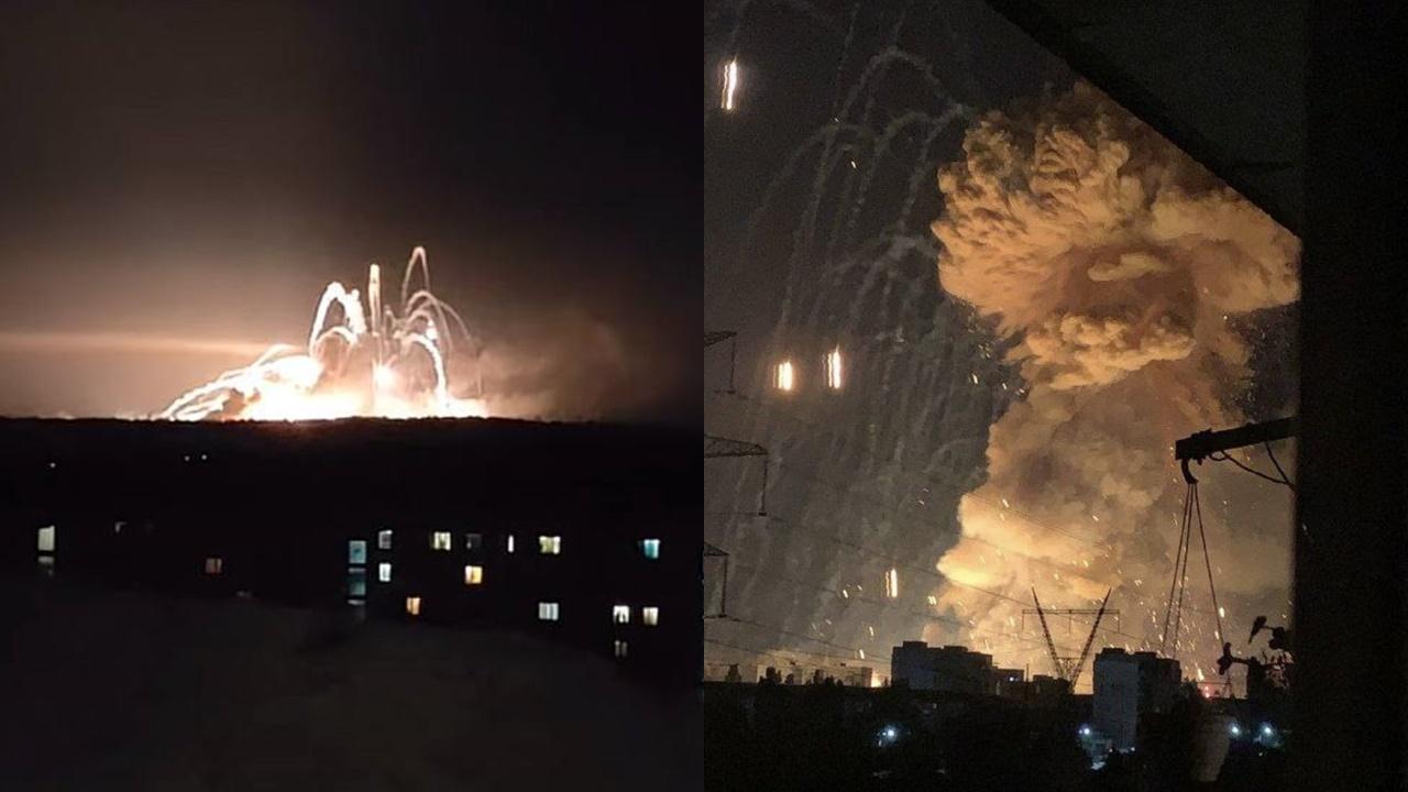 俄軍火庫被炸如煙花Show,烏方:使用了HIMARS。(Twitter)