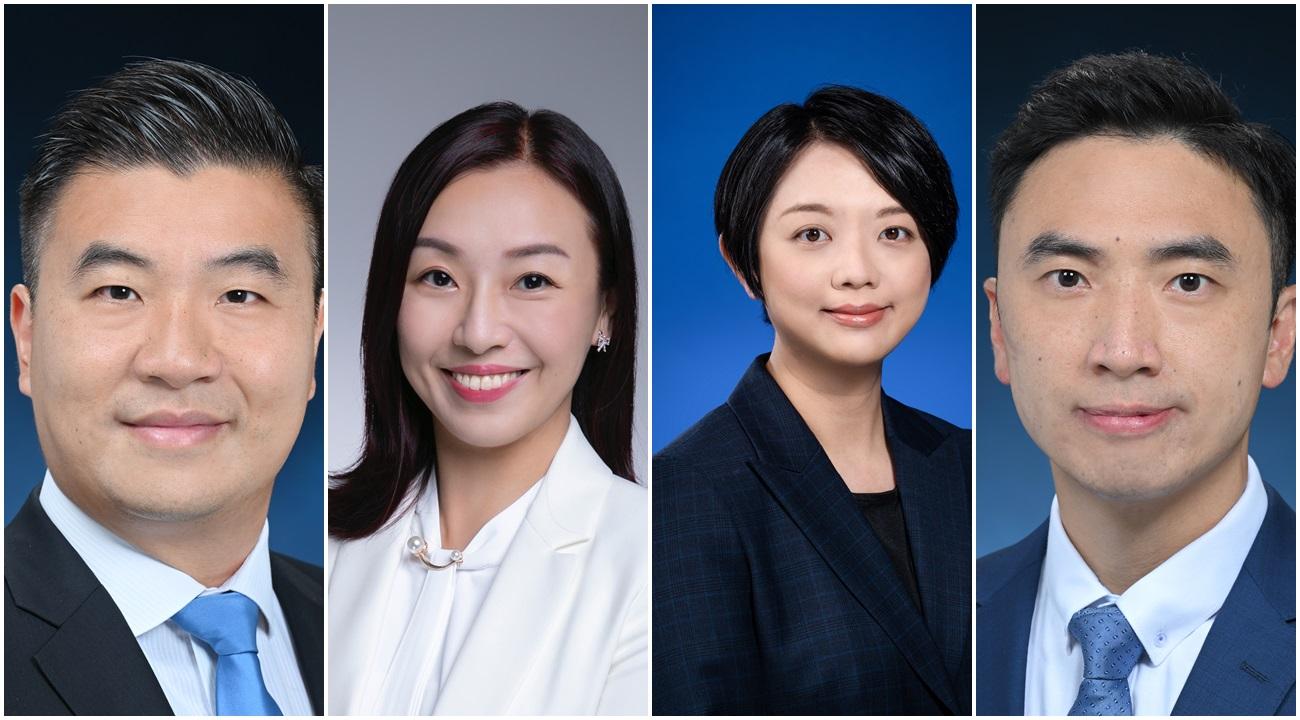 左起:商務及經濟發展局局長政治助理李世華、勞工及福利局局長政治助理傅曉琳、教育局局長政治助理蕭嘉怡、財政司司長政治助理楊通達。