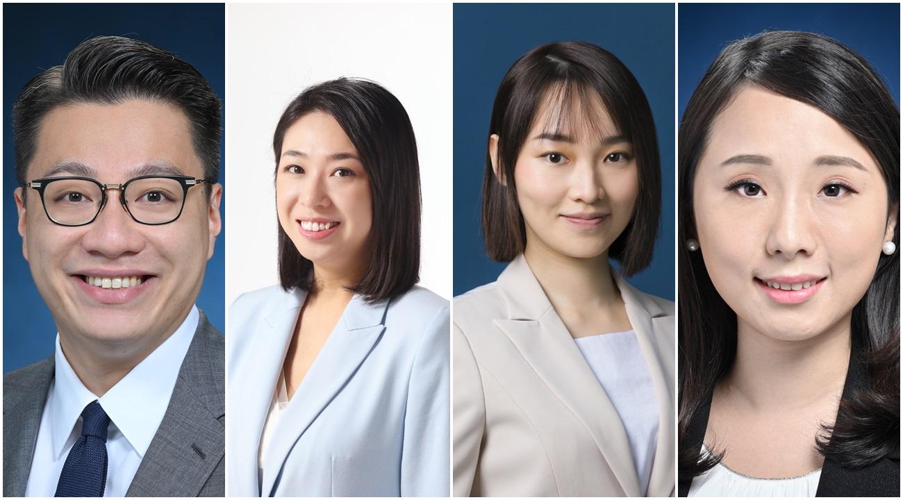 左起:創新科技及工業局局長政治助理廖添誠博士、保安局局長政治助理梁溯庭、房屋局局長政治助理歐陽文倩、政務司司長政治助理李惠。(政府新聞處圖)