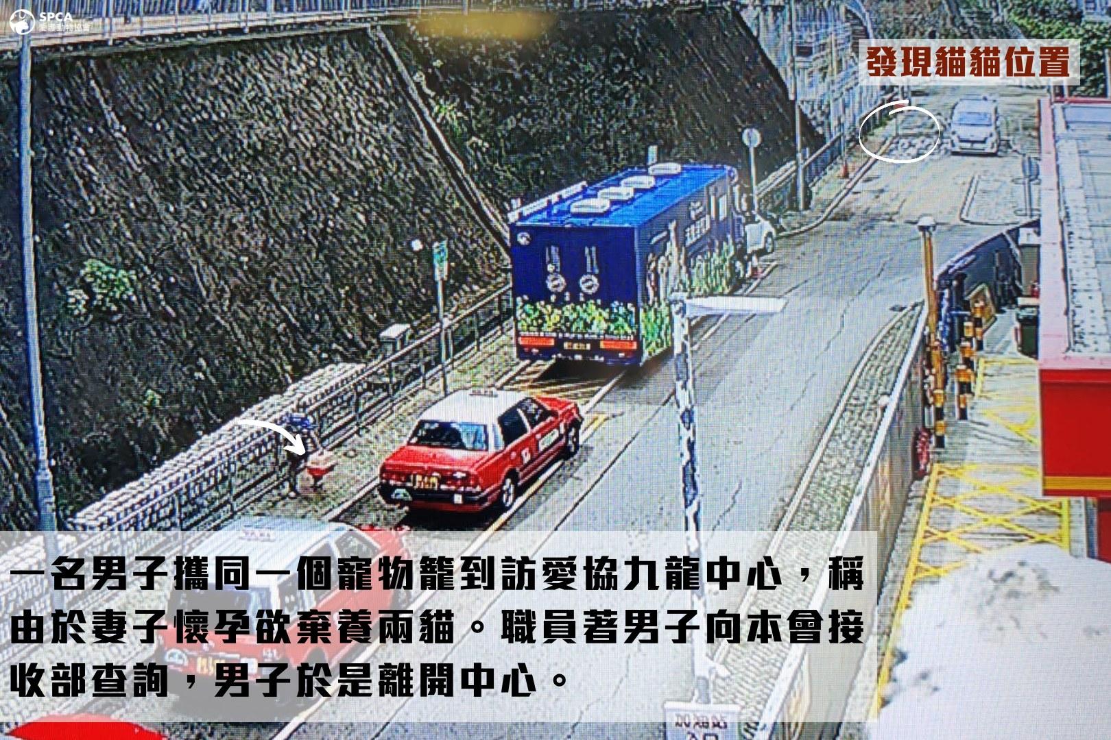 翻查閉路電視顯示男子將貓籠放在垃圾桶旁後離去。(愛協fb圖)