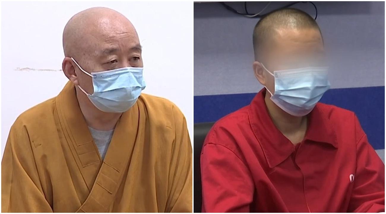 南京玄奘寺爆出供奉日軍戰犯牌位事件,供奉人吳啊萍(右)涉尋釁滋事罪被捕,前住持傳真(左)在鏡頭前致歉。(網上截圖)