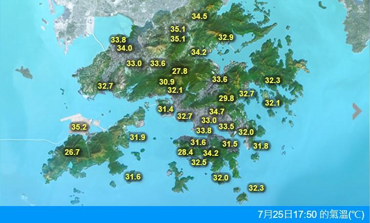 天文台下午近6時錄得多區超過30度。(天文台網頁截圖)