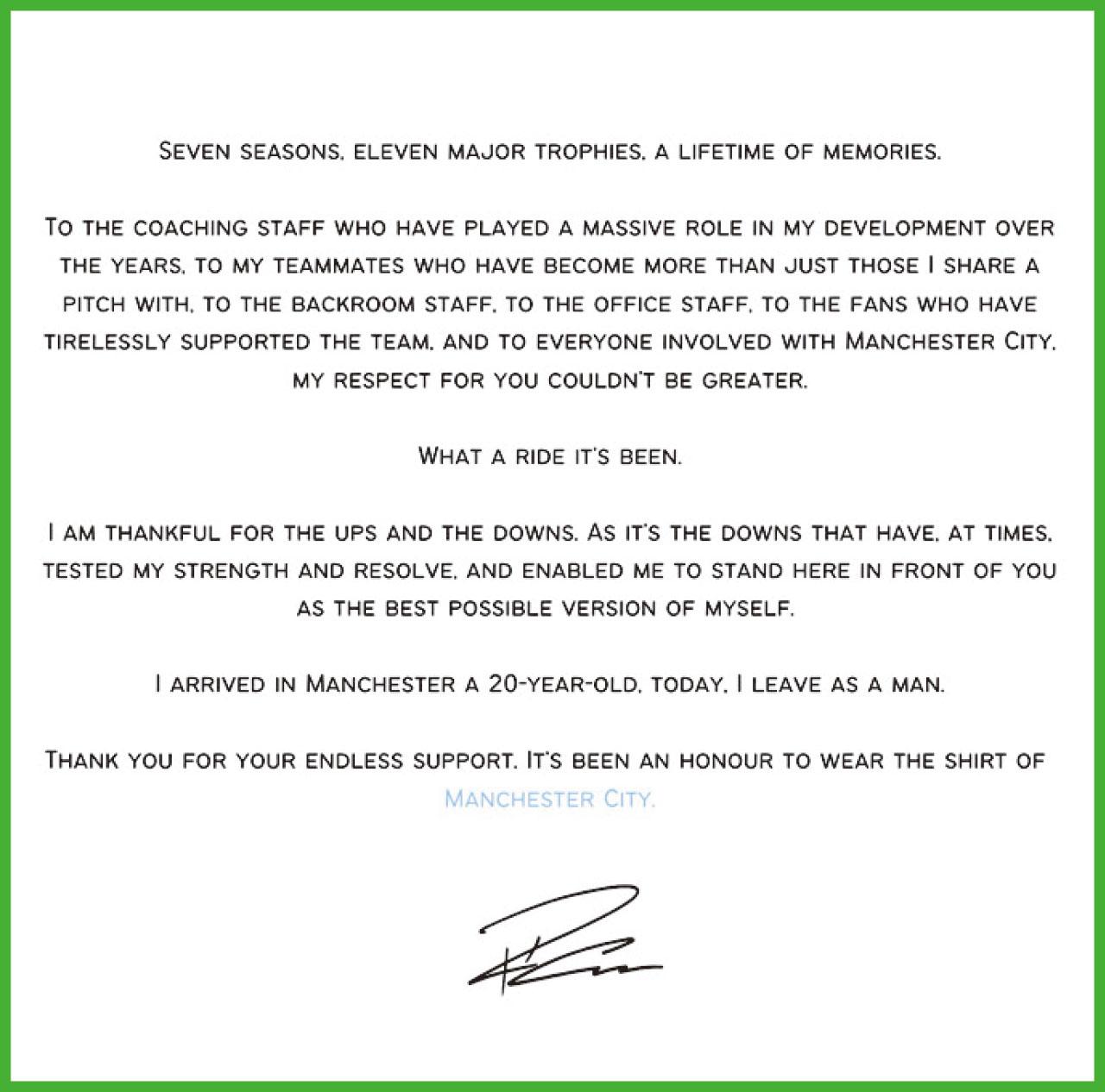 向曼城發公開信告別 史達寧投車路士