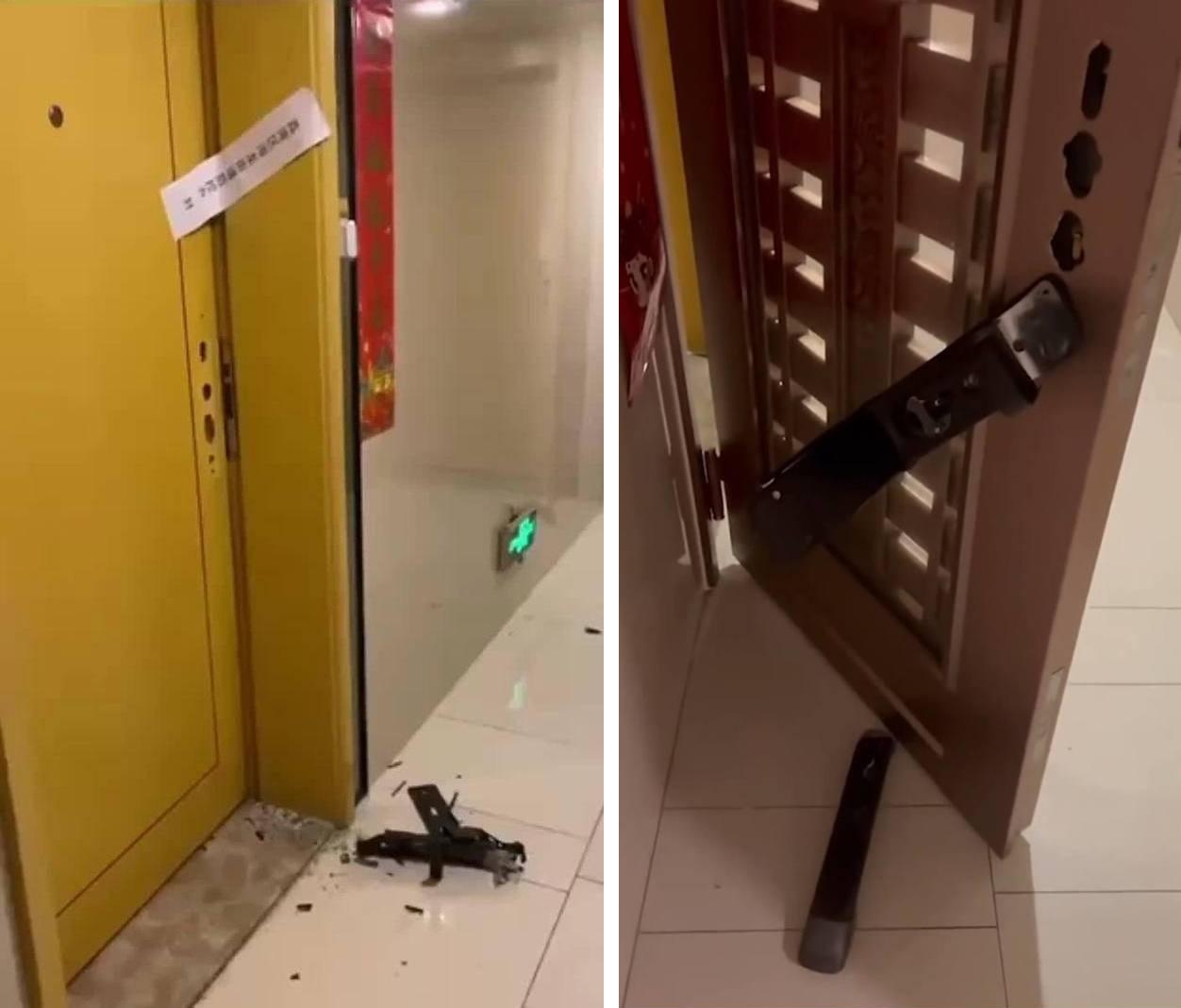 廣州荔灣區邦華星際公寓住戶被送走集中隔離後,遭防疫人員破壞門鎖入內檢查和消毒。(互聯網)