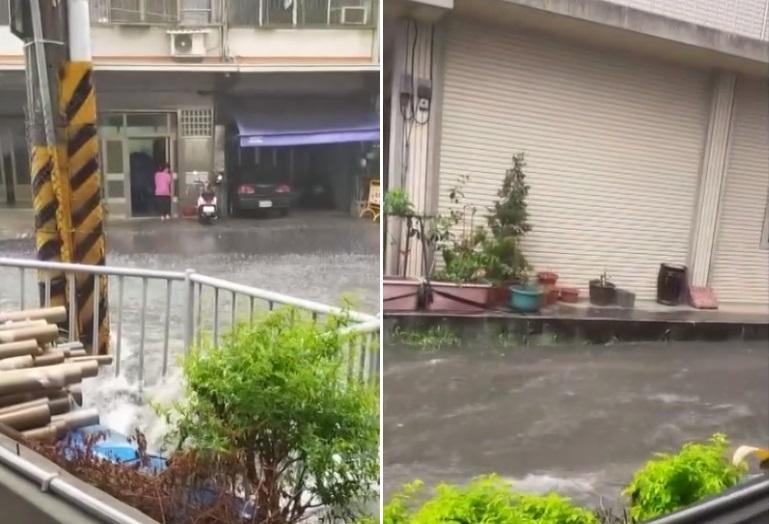 該條小巷水流急湍(右圖),水湧出大街後撞在燈柱,激起水花(左圖)。(互聯網)