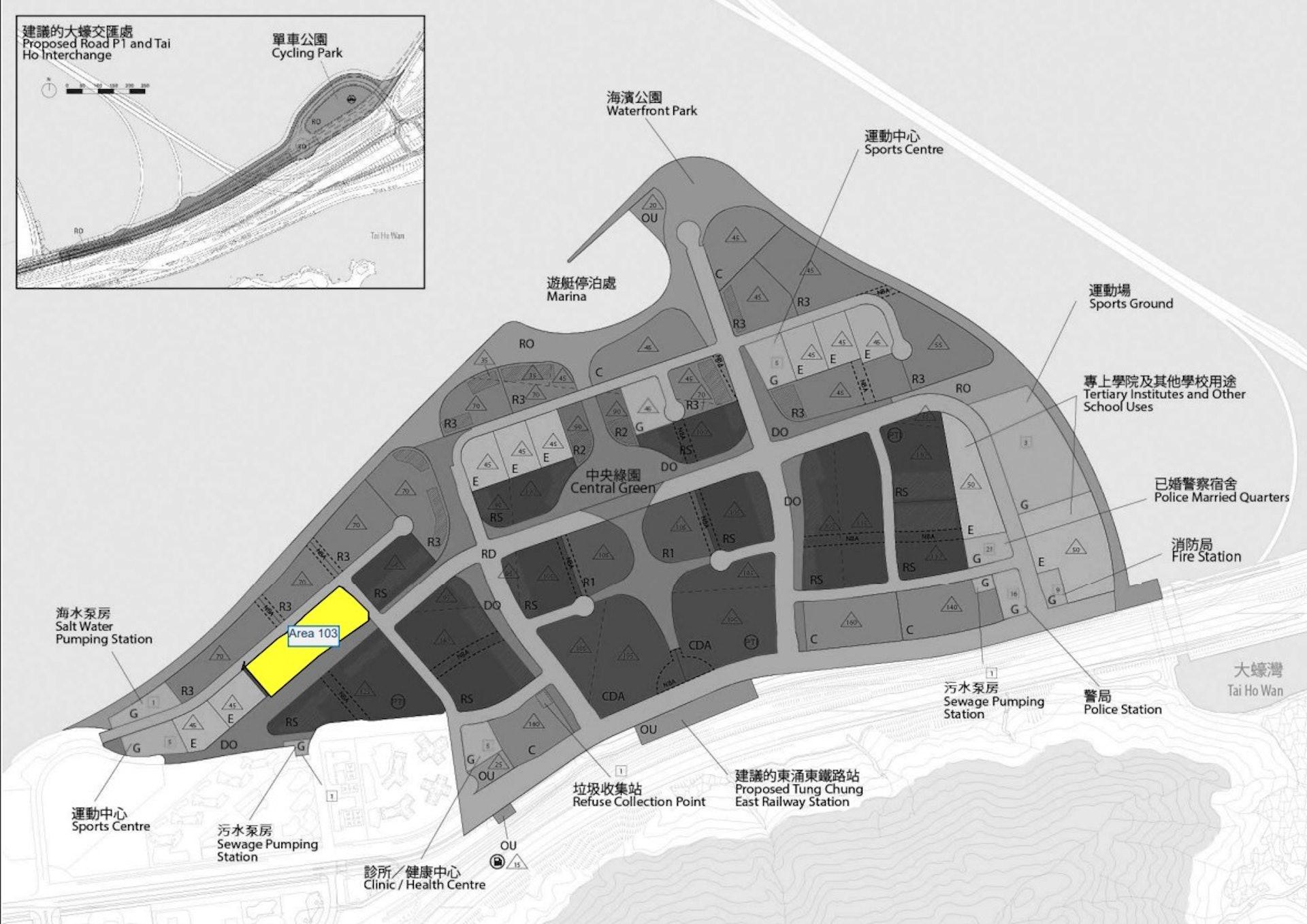 以黃色標示的範圍是東涌第103區政府土地,即是次申建公屋之用地。(城規會文件)