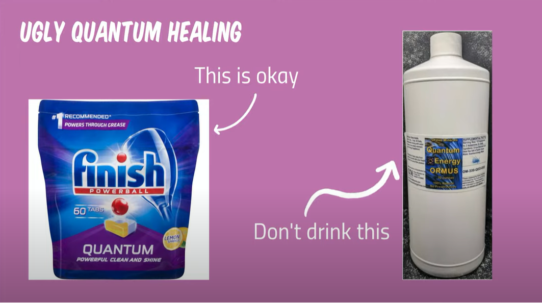 費里指圖右的「量子能量水」在eBay售100美元,他不建議飲用。至於圖左的則是以「量子」為名的洗衣產品,他說那只屬商品名稱,是可以接受,並讚產品好用。(互聯網)