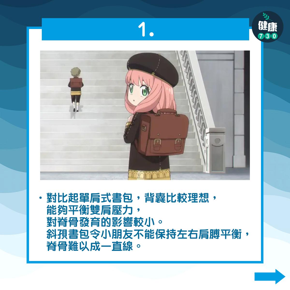 1對比起單肩式書包,背囊比較理想,能夠平衡雙肩壓力,對脊骨發育的影響較小。斜孭書包令小朋友不能保持左右肩膊平衡,脊骨難以成一直線。