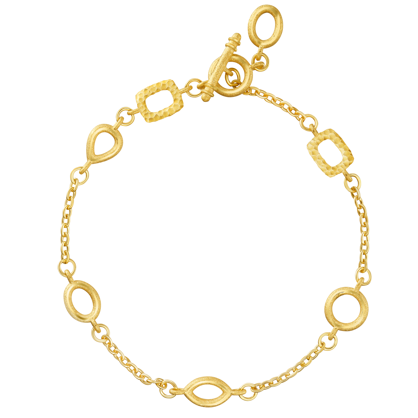 BLISS 999.9輕足金系列由橢圓形、水滴形及圓形等圈圈相扣,交疊出豐富的視覺效果,融合有著祝福意思的中國傳統幸運吉祥物,簡約而不單調。金鍊更可調校長短,方便配合不同穿搭。 NEW BLISS 輕足金系列999.9足金手鍊