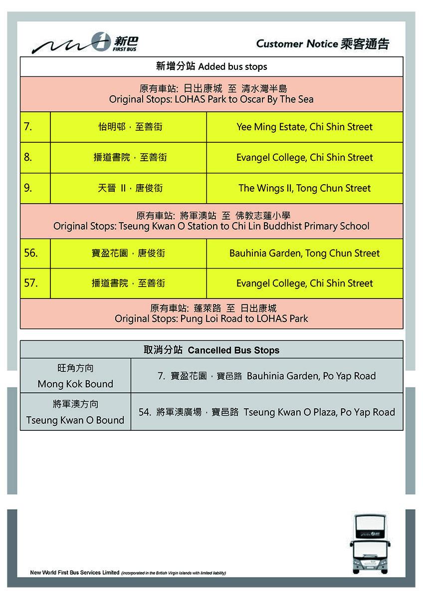 新巴N796線改動乘客通告。