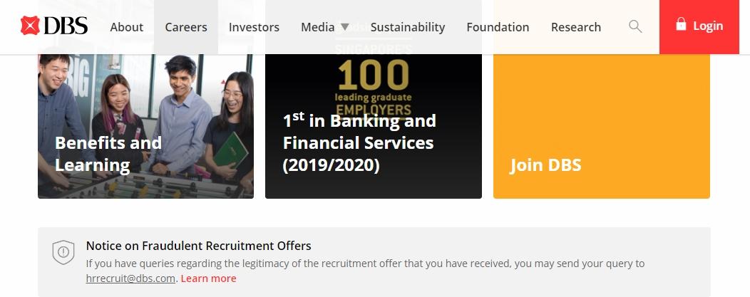 DBS網站有英文通告提醒民眾有組織偽冒DBS招聘。(DBS網站)