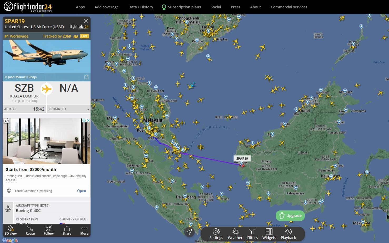 佩洛西專機SPAR19下午5時飛入印尼婆羅洲島上空。