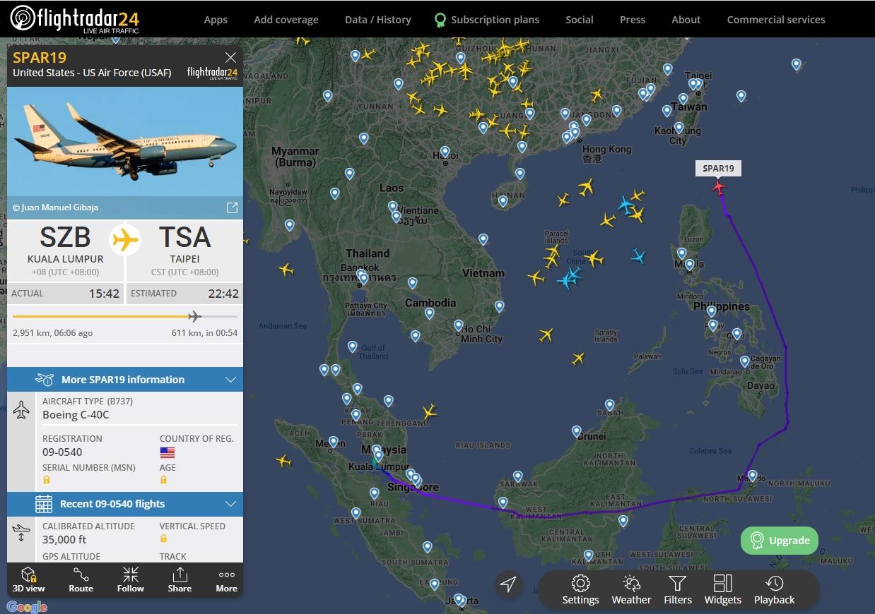 佩洛西專機SPAR19將於22:42分抵達台北松山機場。