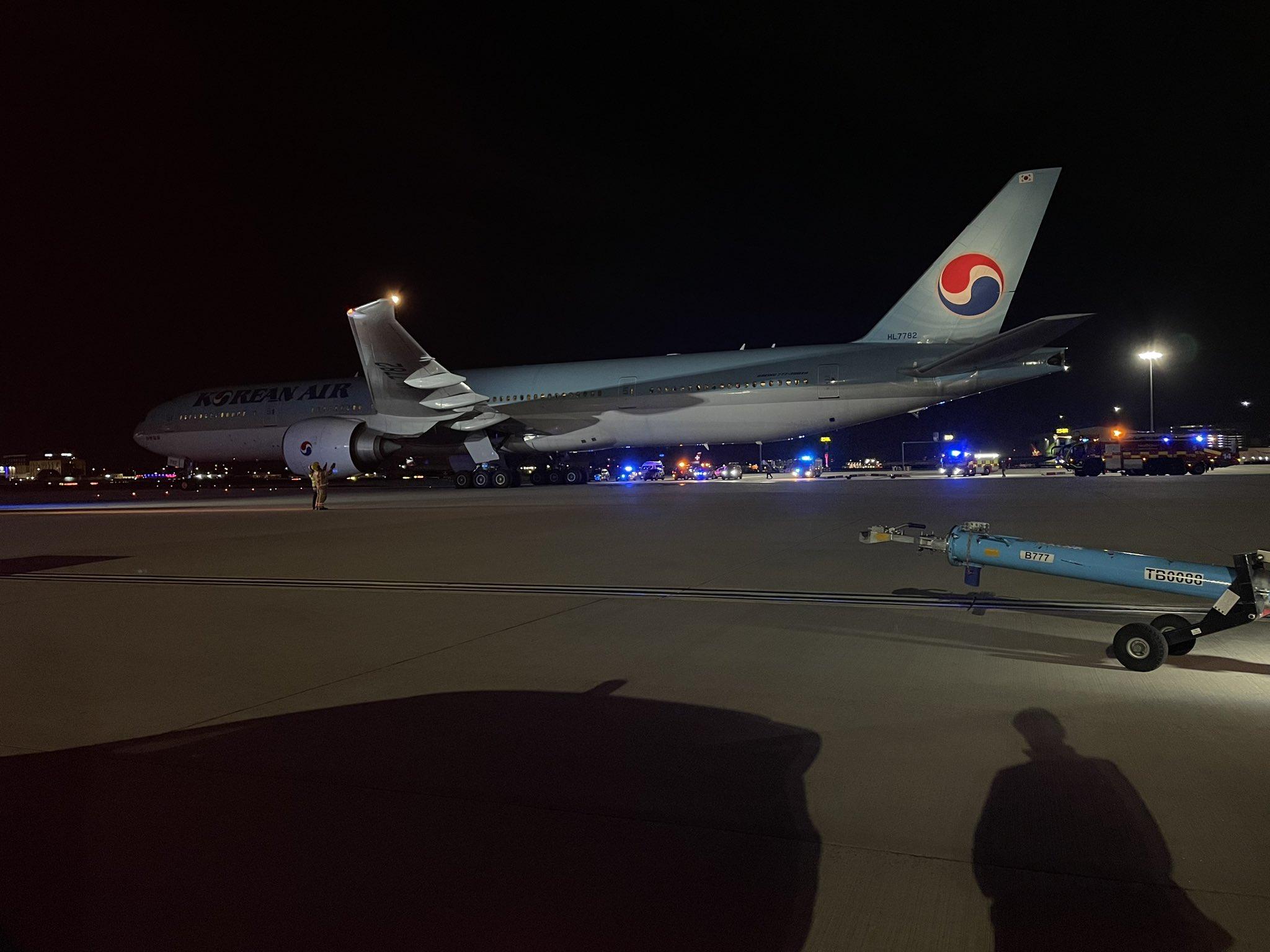 大韓航空指,大韓航空客機左邊機翼懷疑與冰島航空一架客機的尾翼相撞。(Twitter)