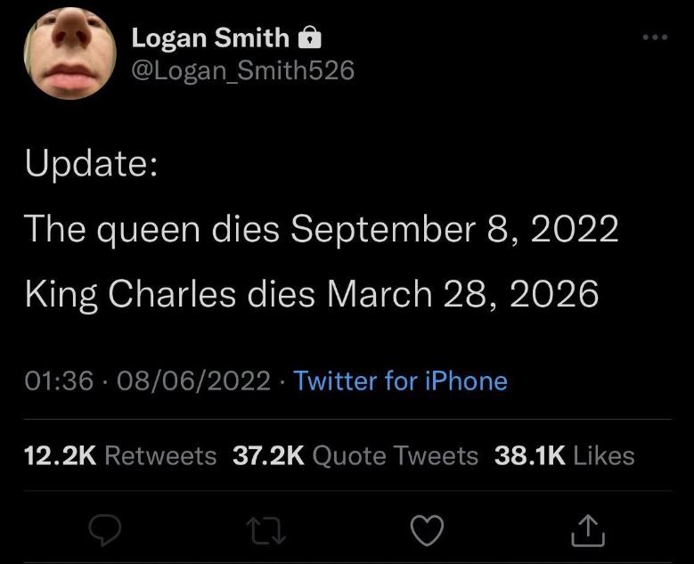 「@logan_smith526」預測查爾斯三世會在2026年逝世。(網上圖片)