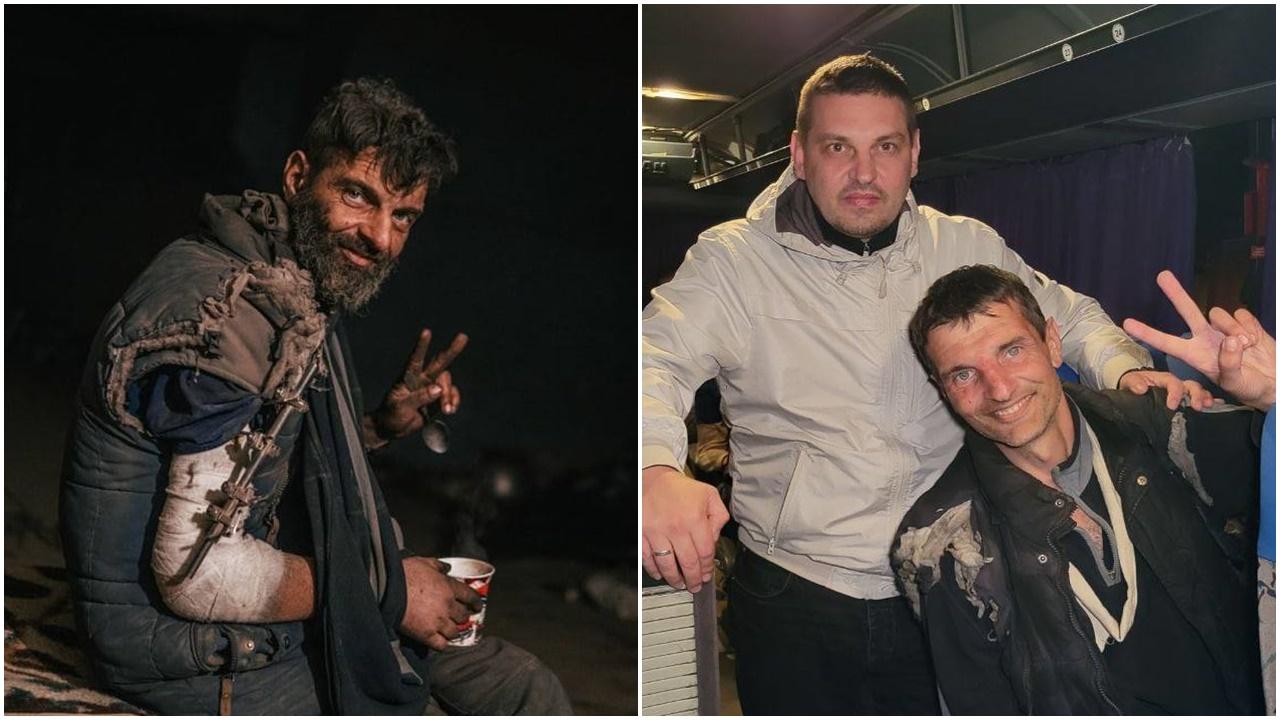 身負重傷仍向鏡頭帶微笑舉起勝利手勢的士兵Mikhaylo Dianov。(Twitter)