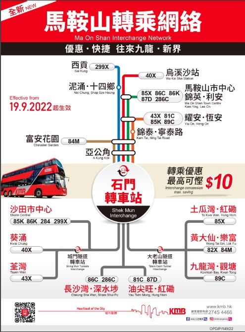 全新馬鞍山轉乘網絡。(九巴圖片)